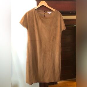 Halston Elegant Tan faux suede shift dress with paisley